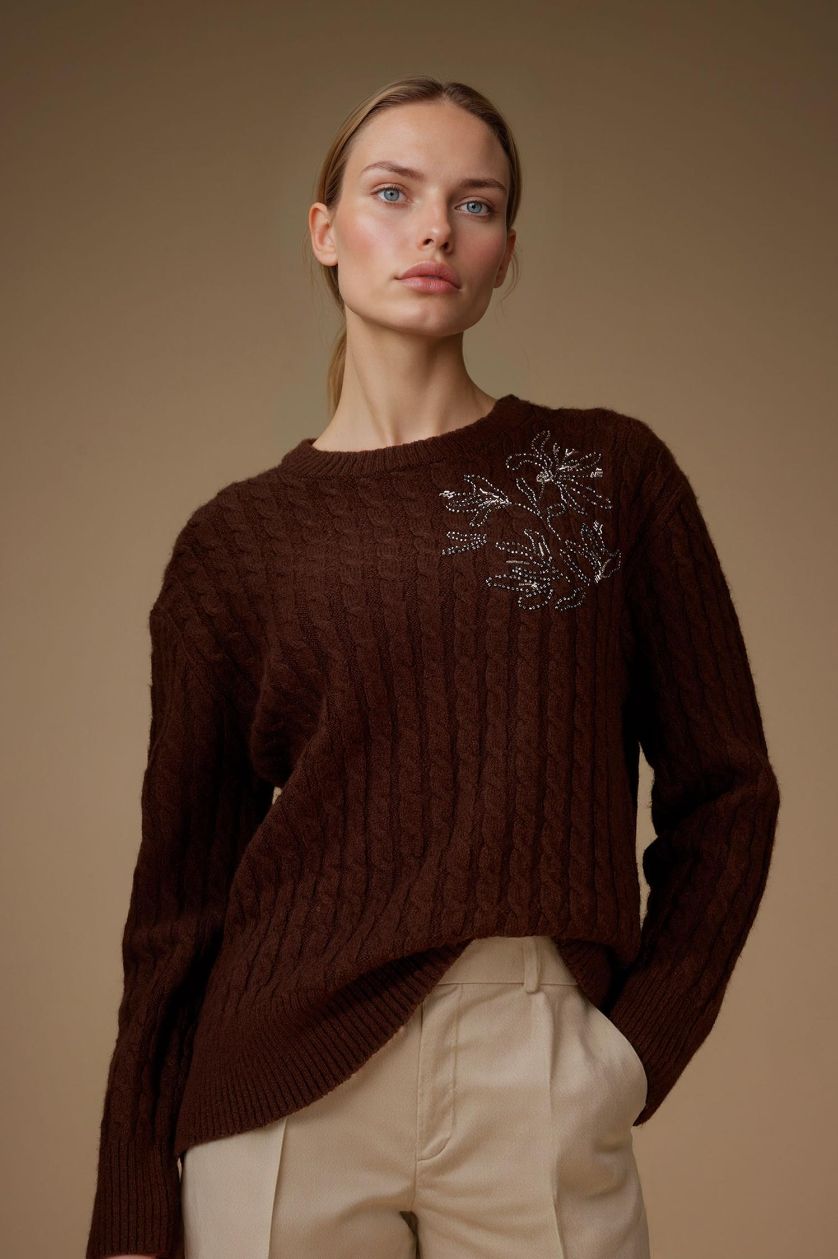 نساء بني بلوز صوف قصة عادية بياخة مستديرة