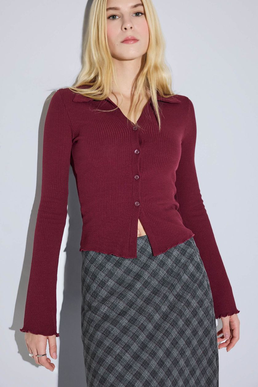 Woman Bordeaux Slim Fit Polo Collar Camisole Cardigan