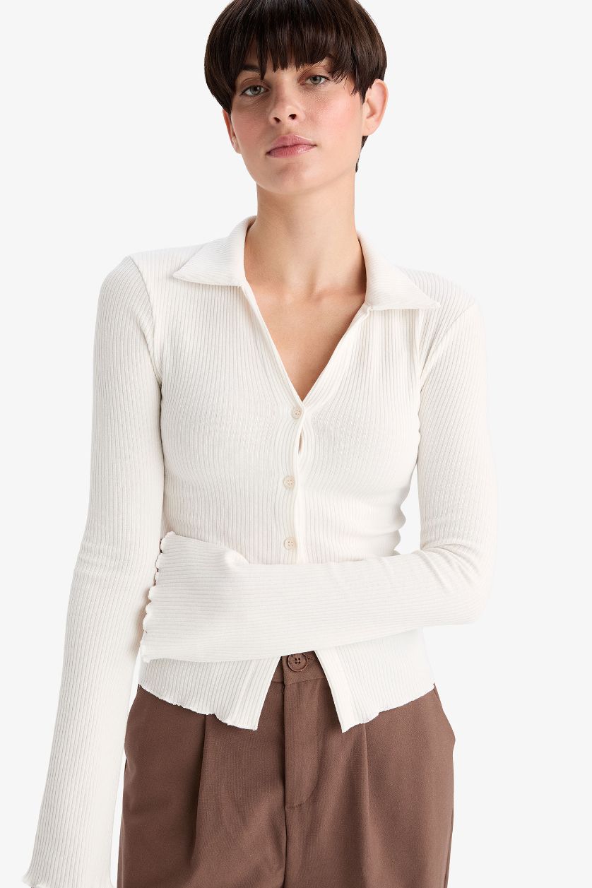 Woman White Slim Fit Polo Collar Camisole Cardigan