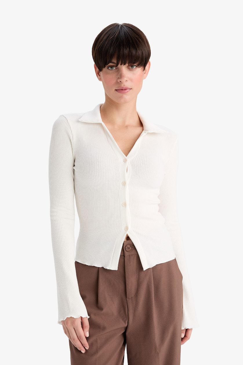 Woman White Slim Fit Polo Collar Camisole Cardigan