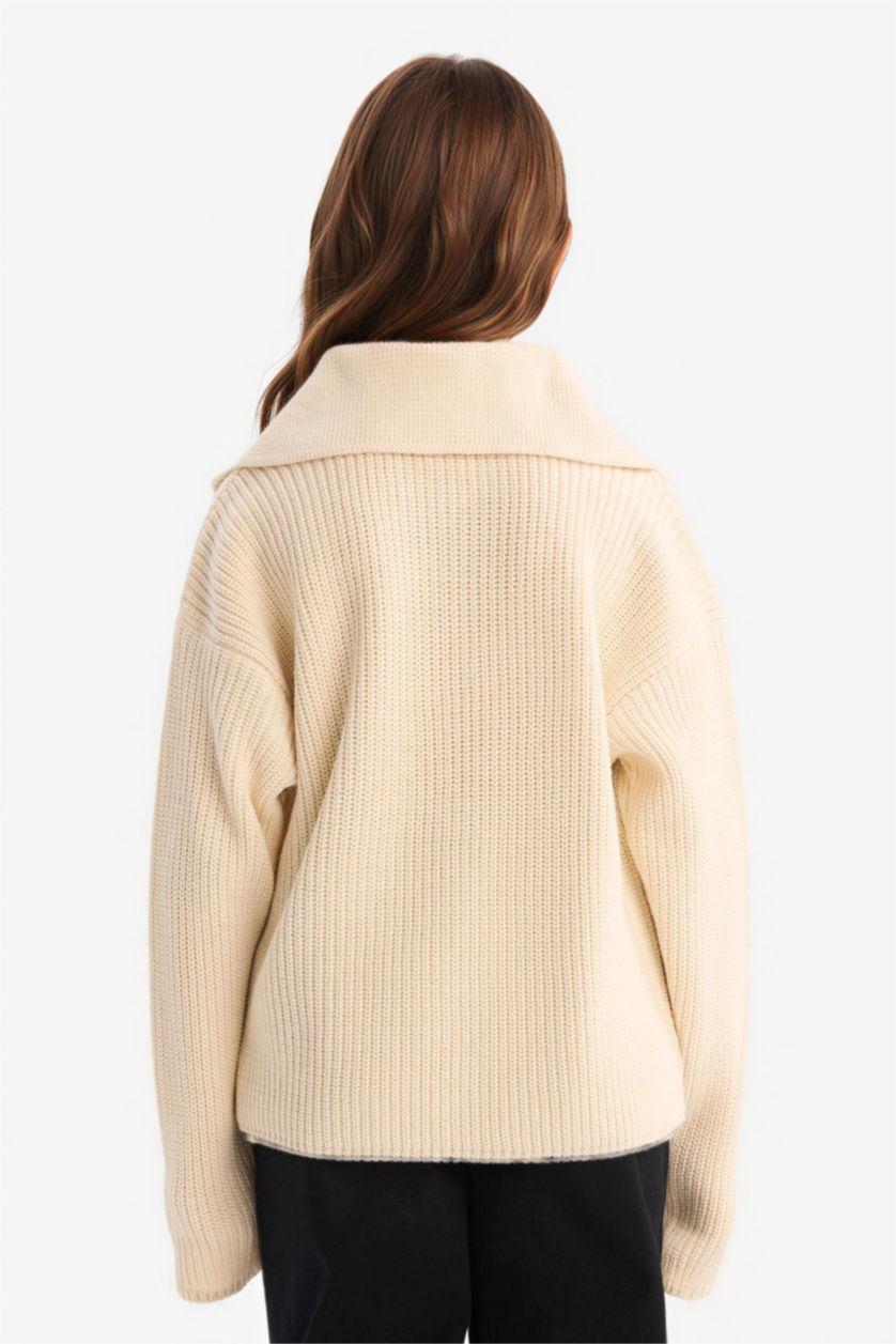 Kız Çocuk - Genç Kız Ekru Polo Yaka Nakışlı Triko Kazak Kız Çocuk