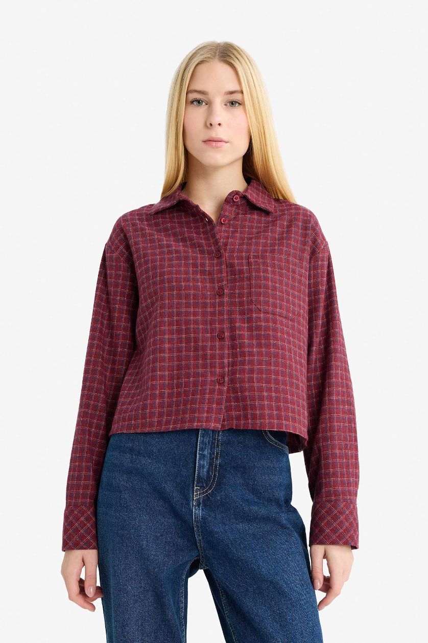 Kadın Bordo %100 Pamuk Overshirt Fıt Dokulu Uzun Kollu Kareli Gömlek