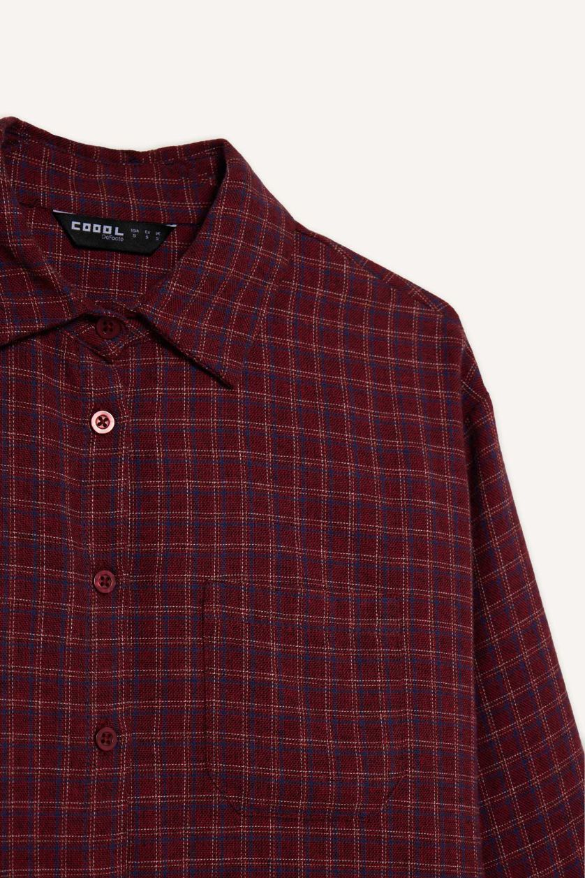 Kadın Bordo %100 Pamuk Overshirt Fıt Dokulu Uzun Kollu Kareli Gömlek
