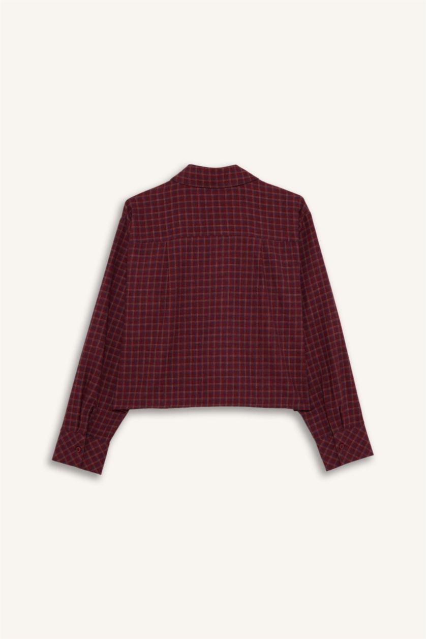Kadın Bordo %100 Pamuk Overshirt Fıt Dokulu Uzun Kollu Kareli Gömlek