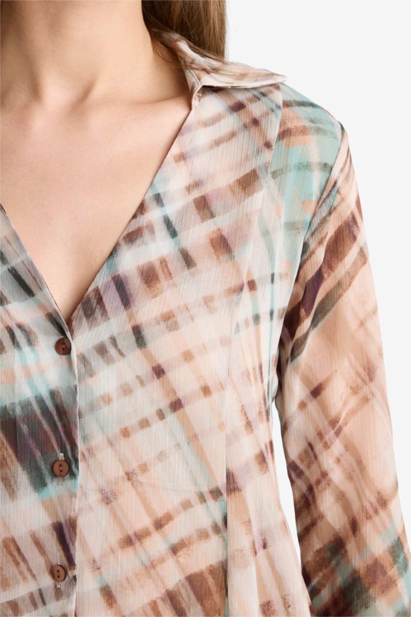 نساء بيج فاتح قميص كم طويل شيفون كاروهات سليم فيت بياقة V