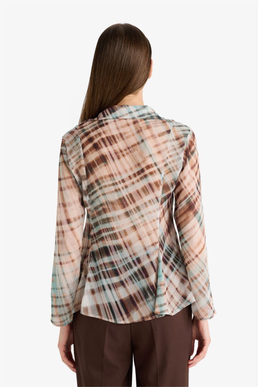 نساء بيج فاتح قميص كم طويل شيفون كاروهات سليم فيت بياقة V