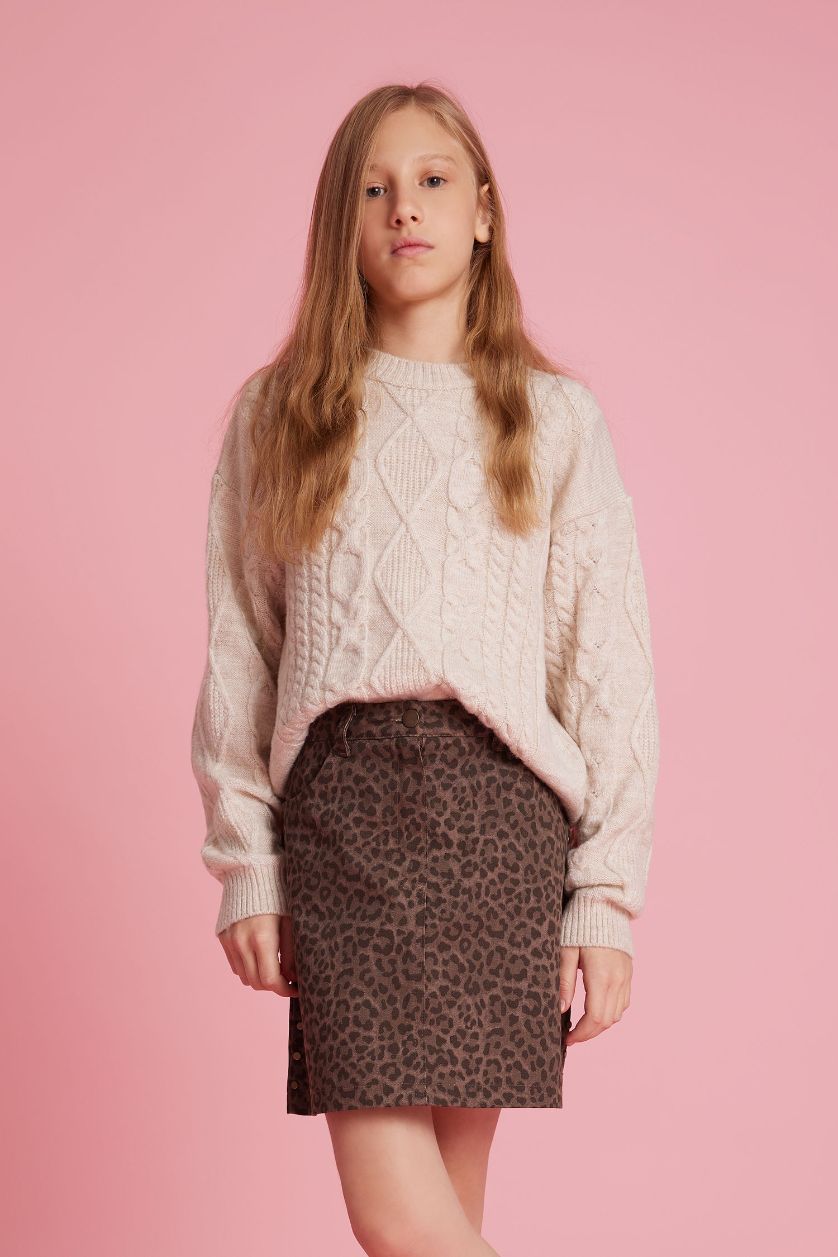 Kız Çocuk - Genç Kız Ekru Loose Fit Bisiklet Yaka Triko Kazak Kız Çocuk