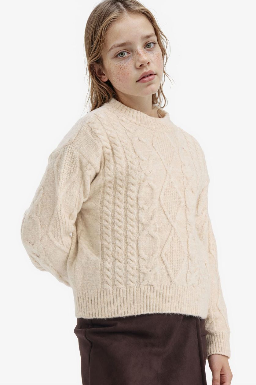 Kız Çocuk - Genç Kız Ekru Loose Fit Bisiklet Yaka Triko Kazak Kız Çocuk