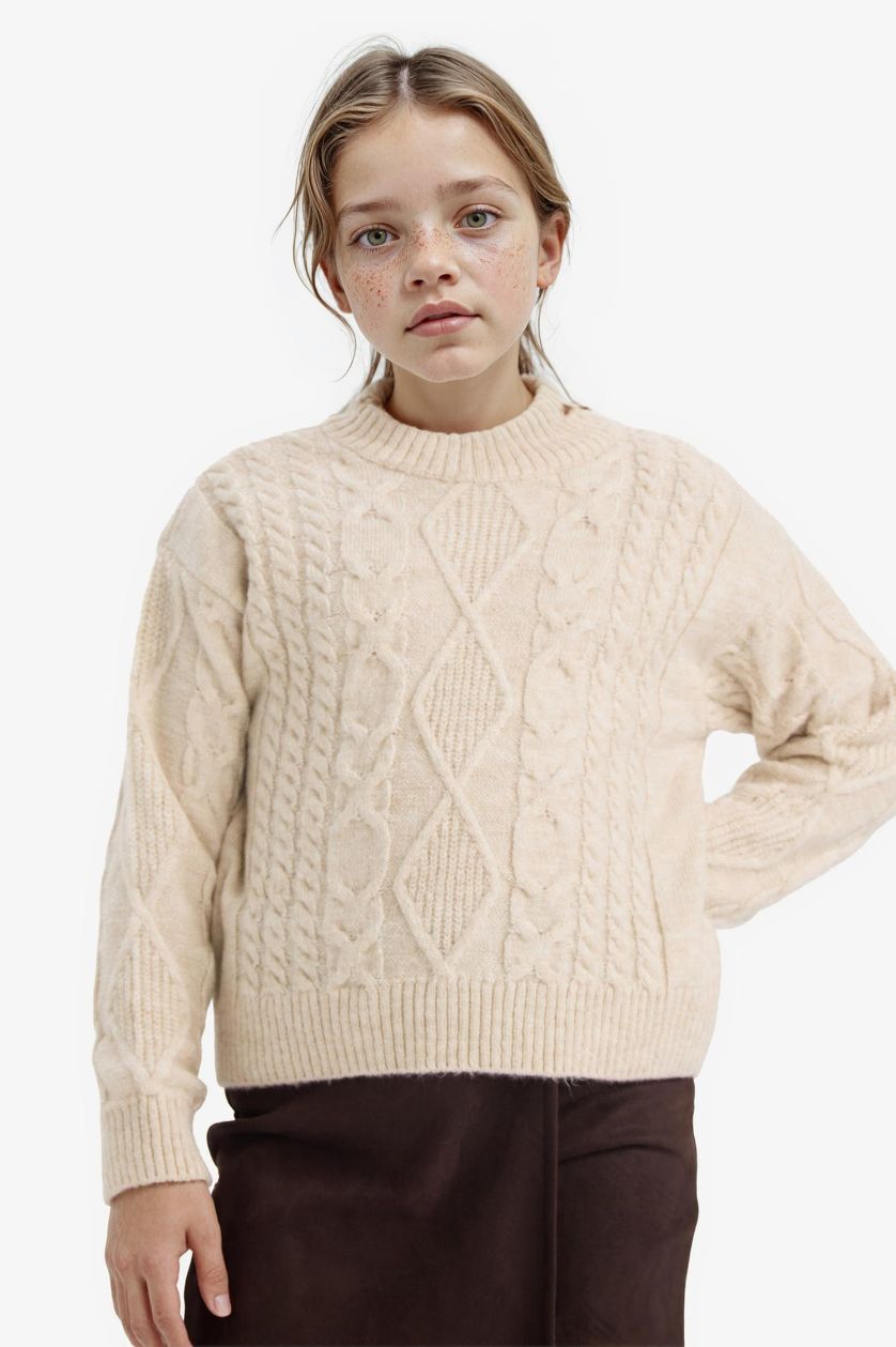 Kız Çocuk - Genç Kız Ekru Loose Fit Bisiklet Yaka Triko Kazak Kız Çocuk