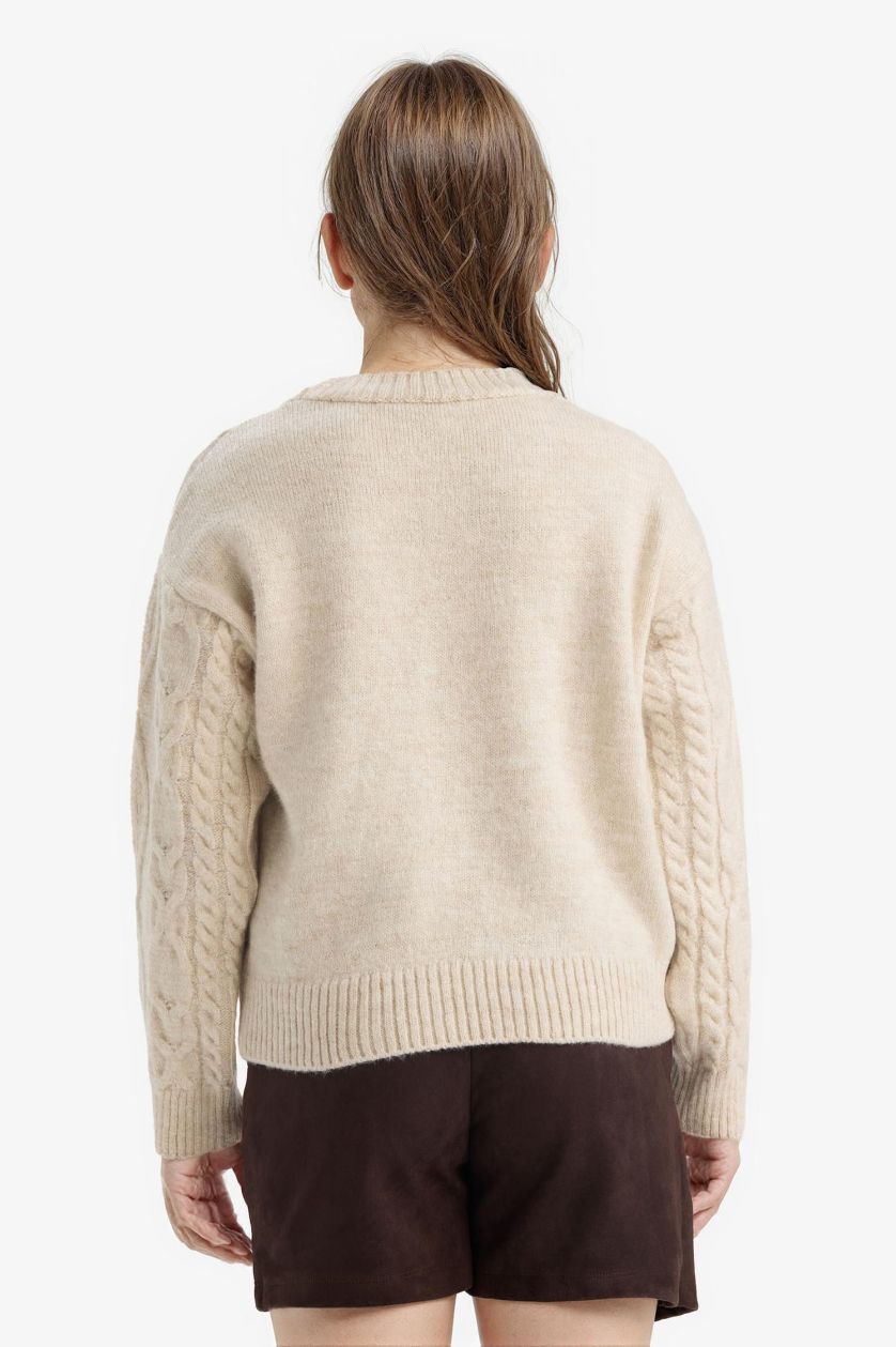 Kız Çocuk - Genç Kız Ekru Loose Fit Bisiklet Yaka Triko Kazak Kız Çocuk