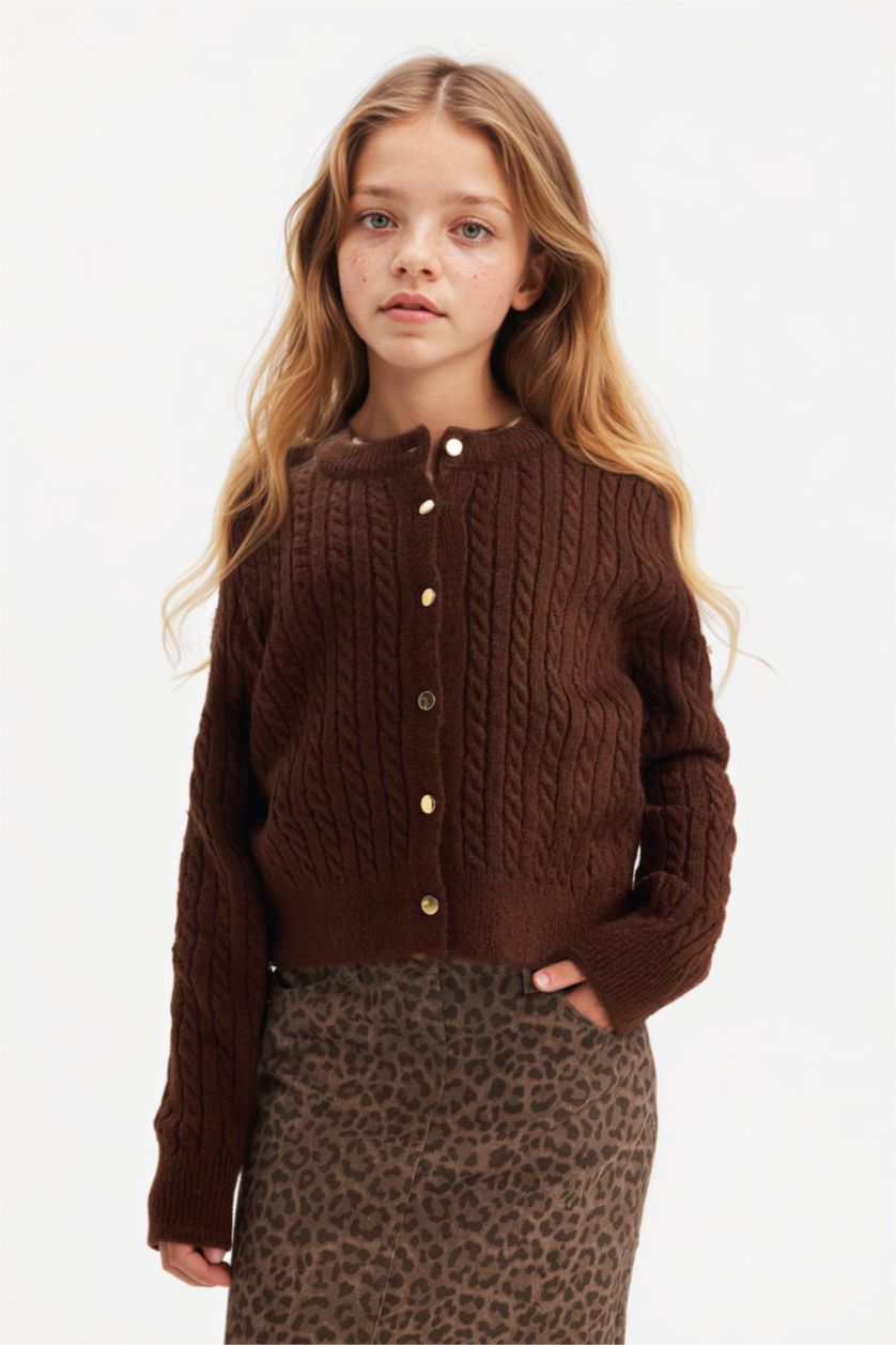 Kız Çocuk - Genç Kız Kahve Bisiklet Yaka Düğmeli Triko Hırka Kız Çocuk