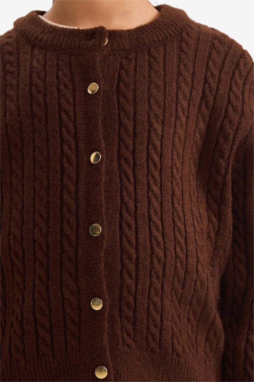 Kız Çocuk - Genç Kız Kahve Bisiklet Yaka Düğmeli Triko Hırka Kız Çocuk