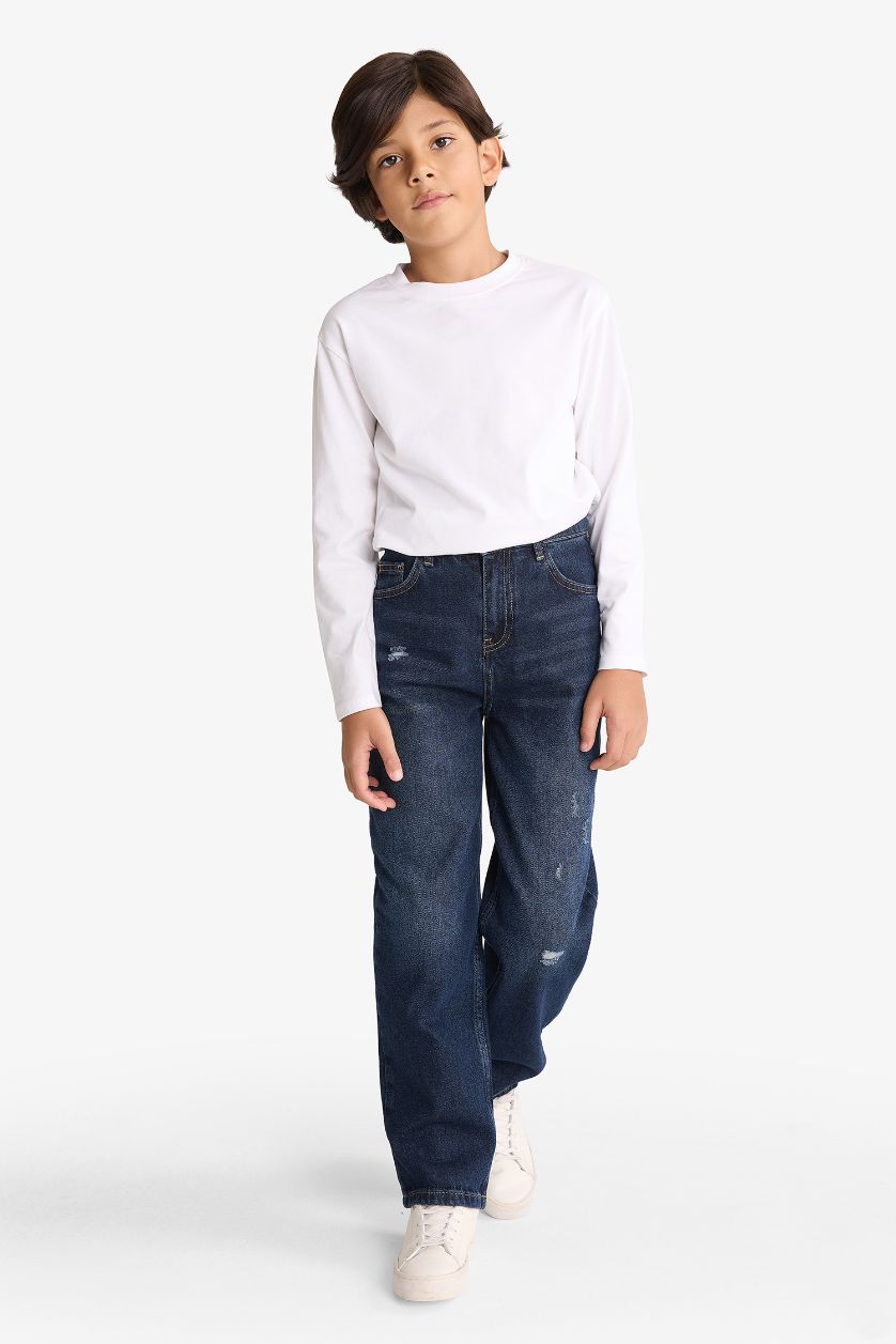 Erkek Çocuk - Genç Erkek Koyu Mavi Loose Fit Yırtık Detaylı Düz Paça Jean Pantolon Erkek Çocuk