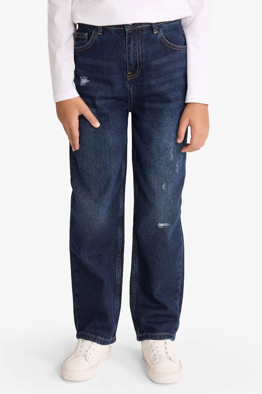 Erkek Çocuk - Genç Erkek Koyu Mavi Loose Fit Yırtık Detaylı Düz Paça Jean Pantolon Erkek Çocuk