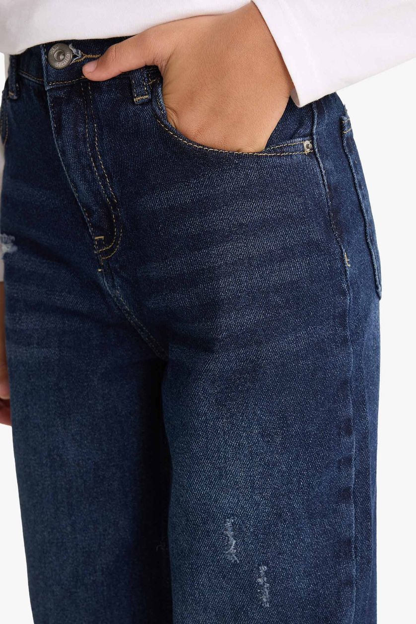Erkek Çocuk - Genç Erkek Koyu Mavi Loose Fit Yırtık Detaylı Düz Paça Jean Pantolon Erkek Çocuk