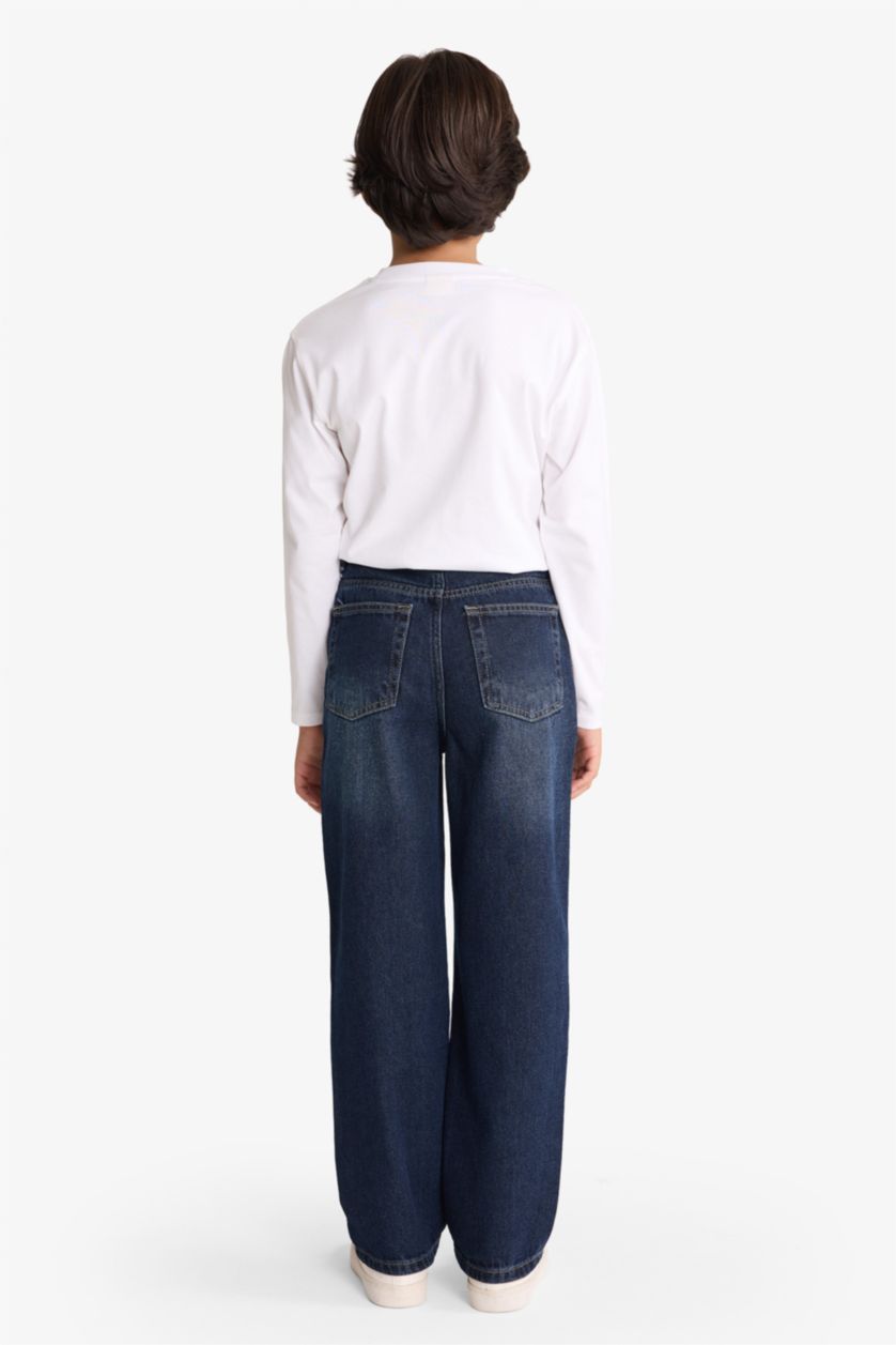 Erkek Çocuk - Genç Erkek Koyu Mavi Loose Fit Yırtık Detaylı Düz Paça Jean Pantolon Erkek Çocuk