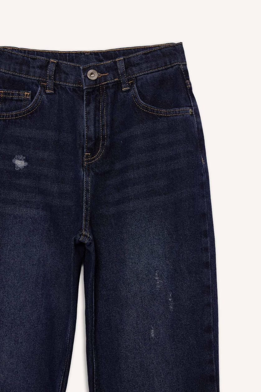 Erkek Çocuk - Genç Erkek Koyu Mavi Loose Fit Yırtık Detaylı Düz Paça Jean Pantolon Erkek Çocuk