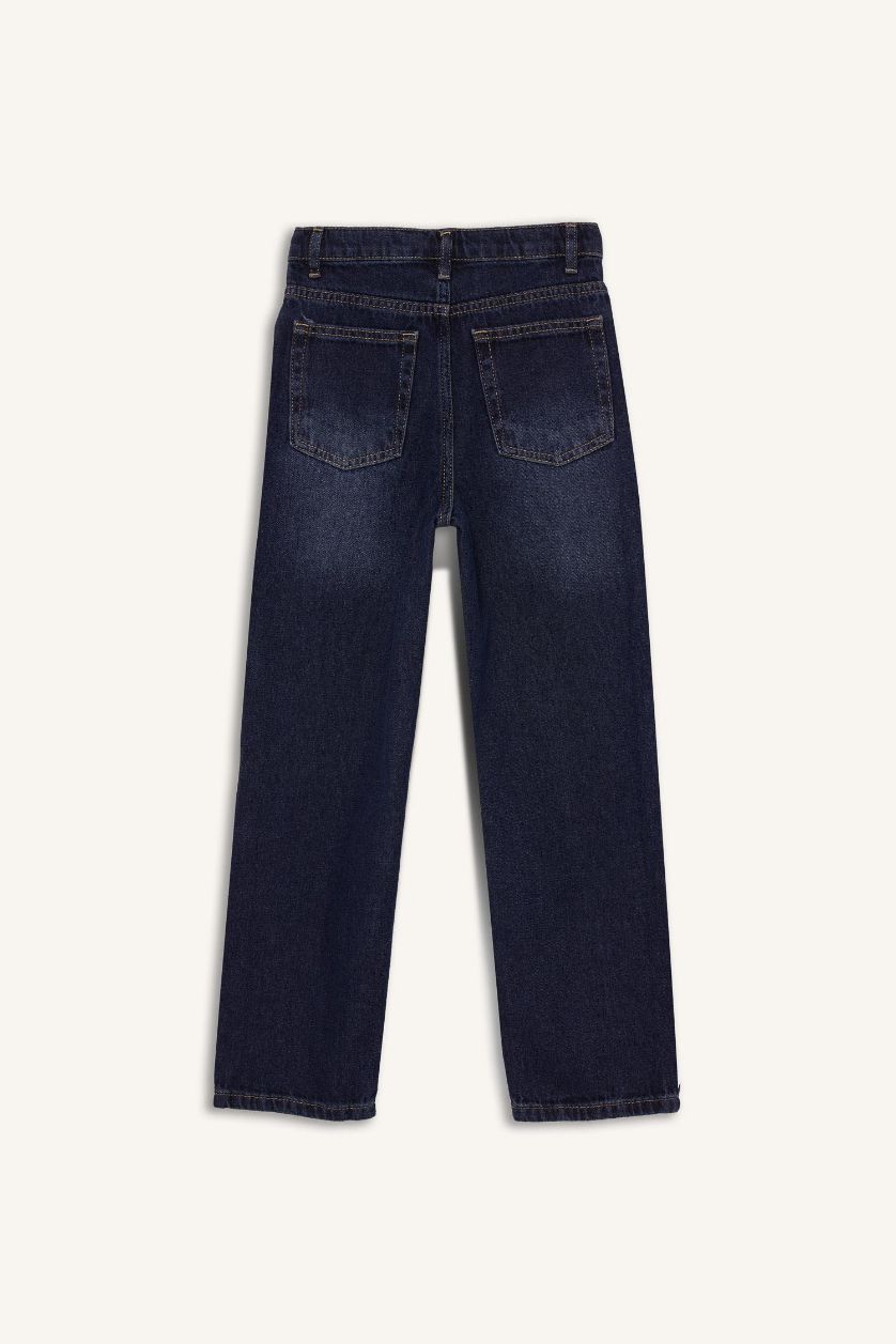 Erkek Çocuk - Genç Erkek Koyu Mavi Loose Fit Yırtık Detaylı Düz Paça Jean Pantolon Erkek Çocuk