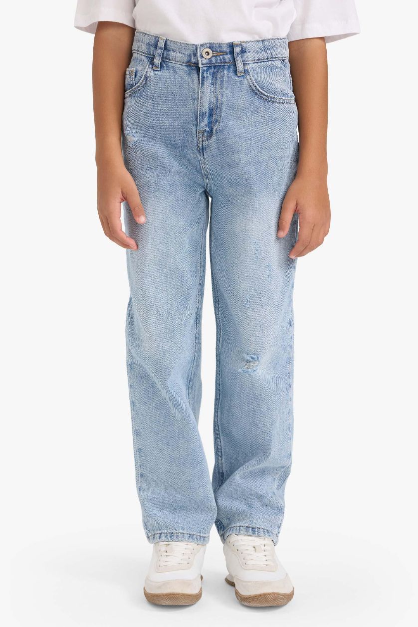 Erkek Çocuk - Genç Erkek Açık Mavi Loose Fit Yırtık Detaylı Düz Paça Jean Pantolon Erkek Çocuk