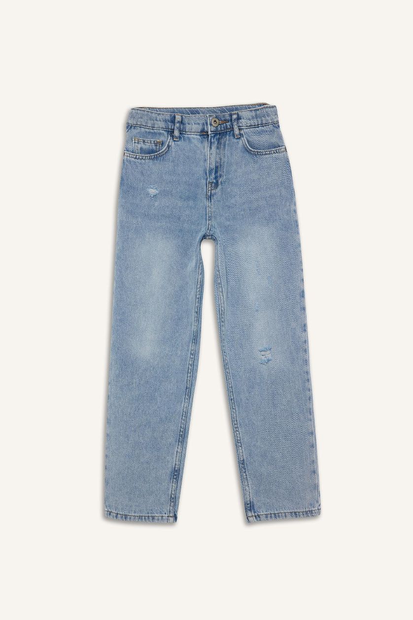 Erkek Çocuk - Genç Erkek Açık Mavi Loose Fit Yırtık Detaylı Düz Paça Jean Pantolon Erkek Çocuk