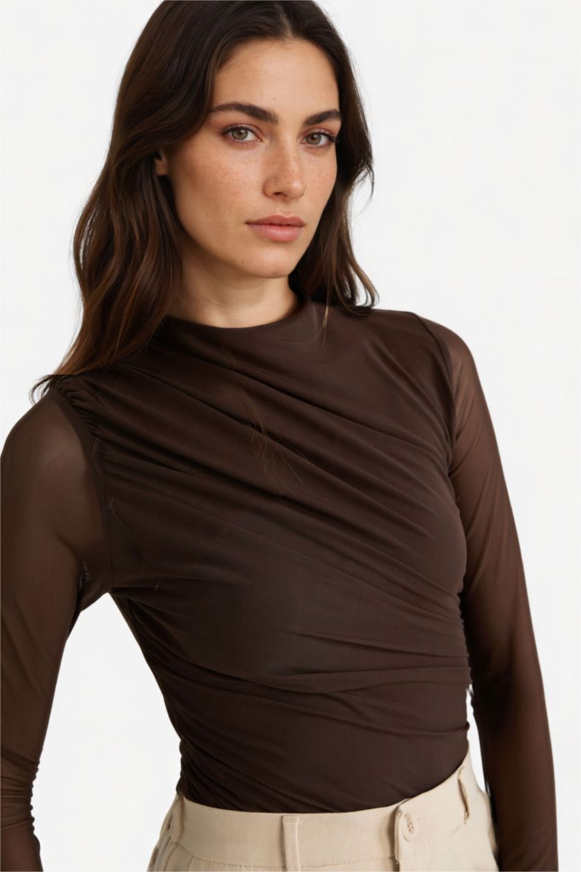 Kadın Koyu Kahve Slim Fit Dar Kesim Tül Uzun Kollu Çıtçıtlı Body