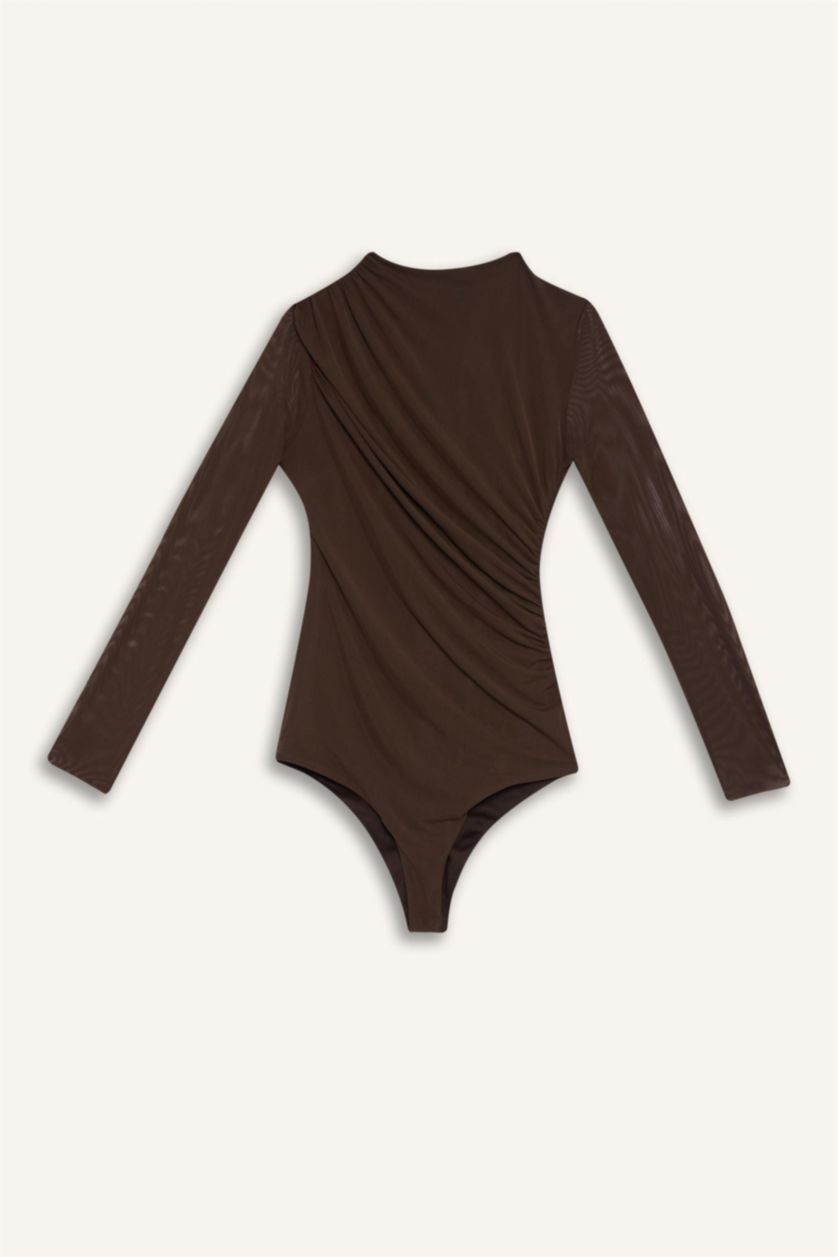 Kadın Koyu Kahve Slim Fit Dar Kesim Tül Uzun Kollu Çıtçıtlı Body