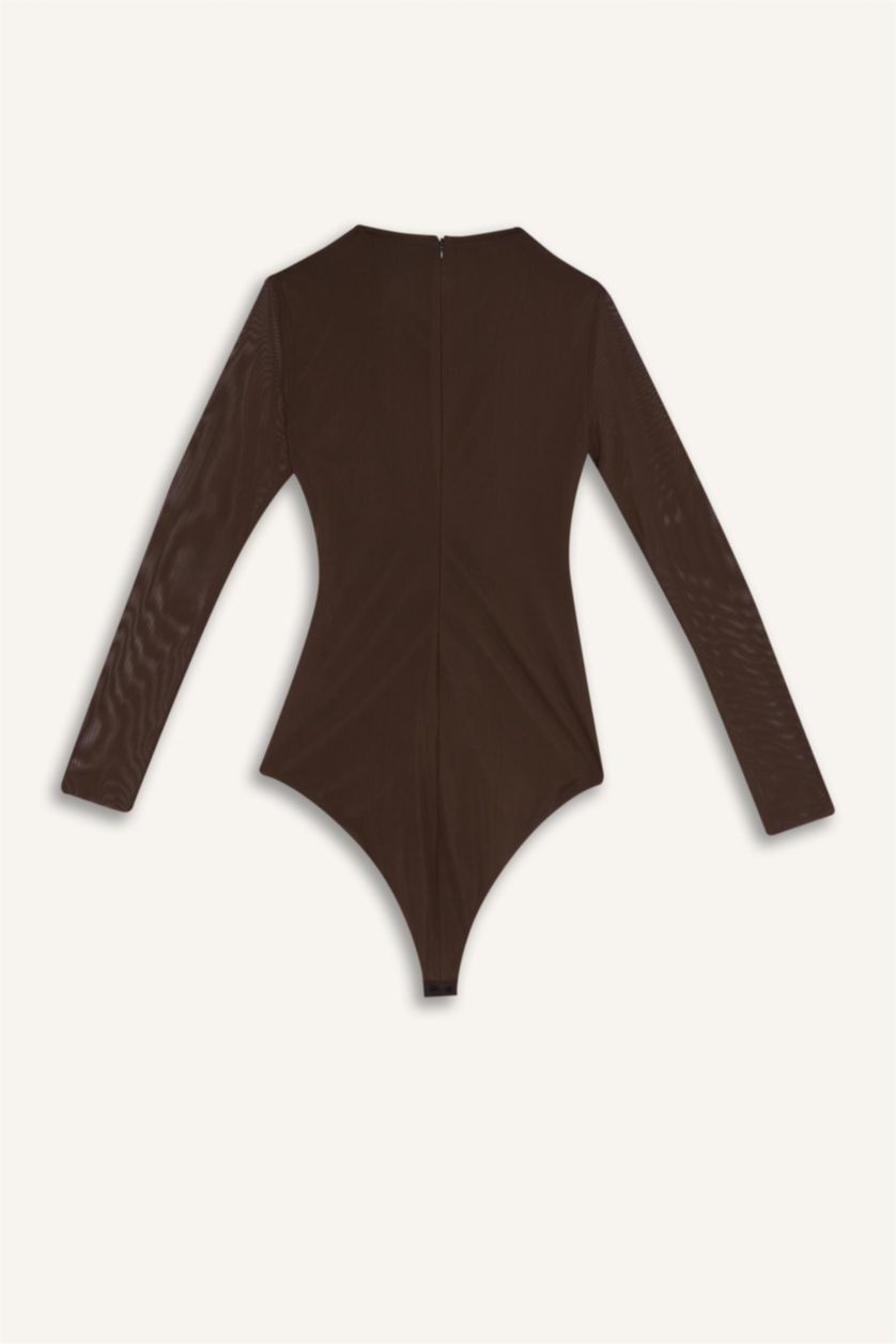 Kadın Koyu Kahve Slim Fit Dar Kesim Tül Uzun Kollu Çıtçıtlı Body