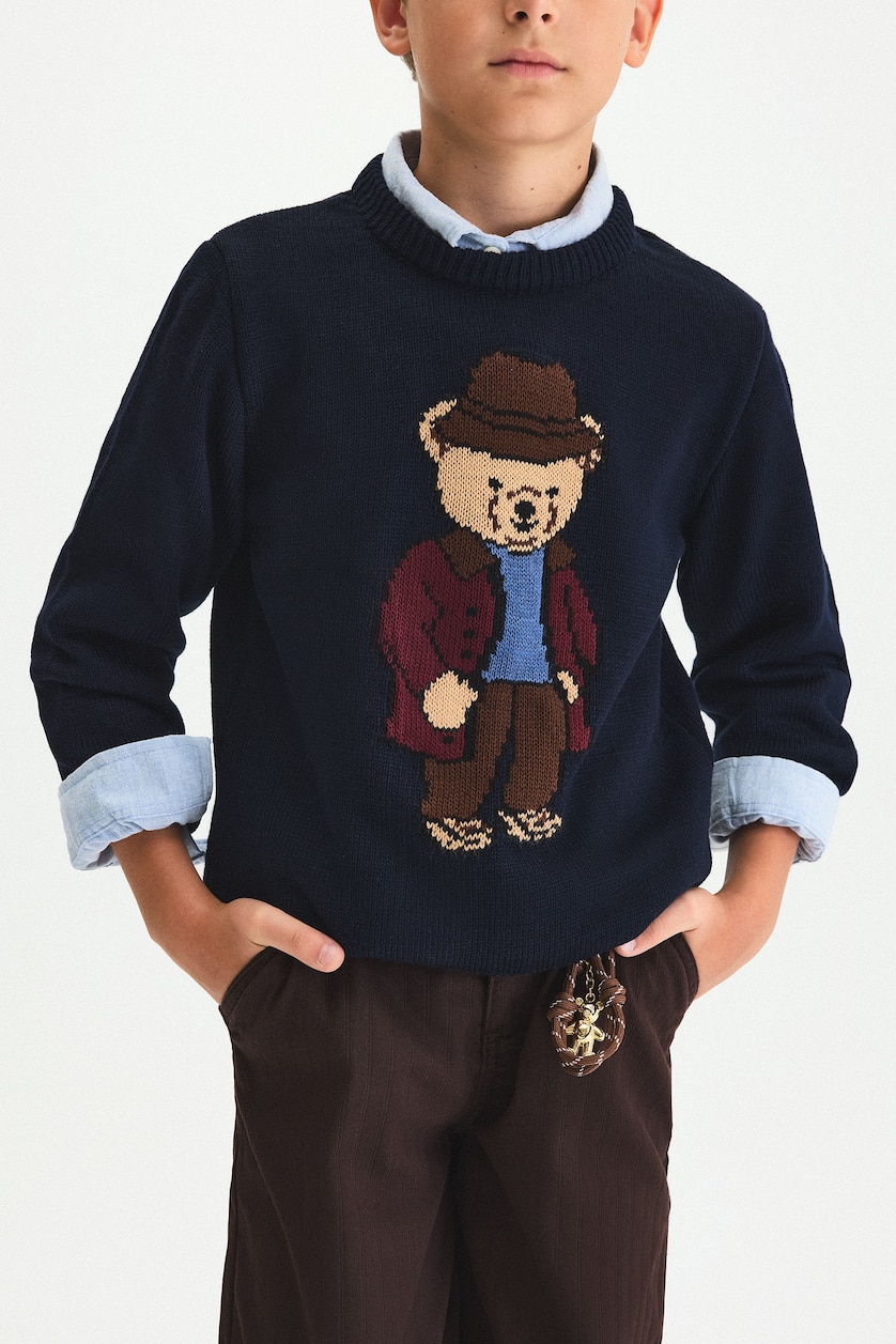 BOYS & TEENS NAVY Boy Crew Neck Knit Teddy Bear Print Pullover