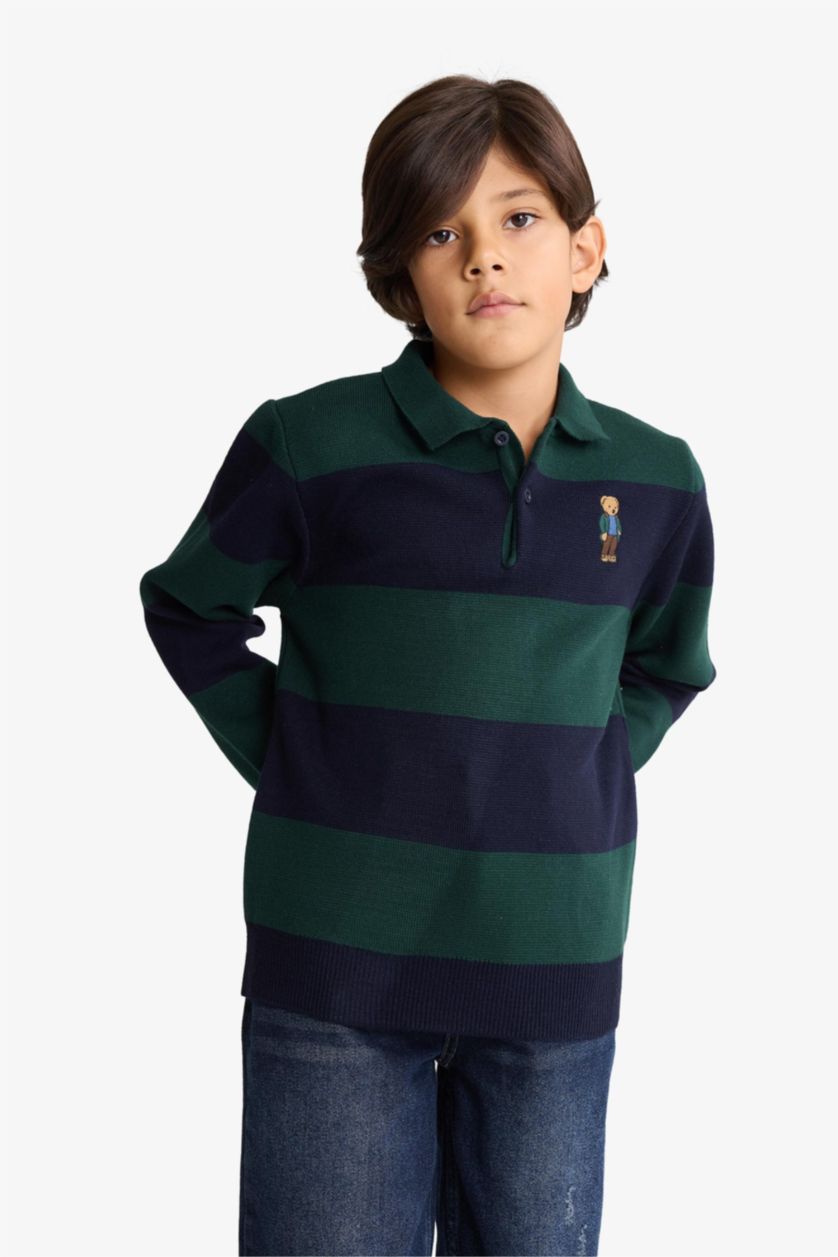 Erkek Çocuk - Genç Erkek Lacivert Polo Yaka Renk Bloklu Triko Kazak Erkek Çocuk