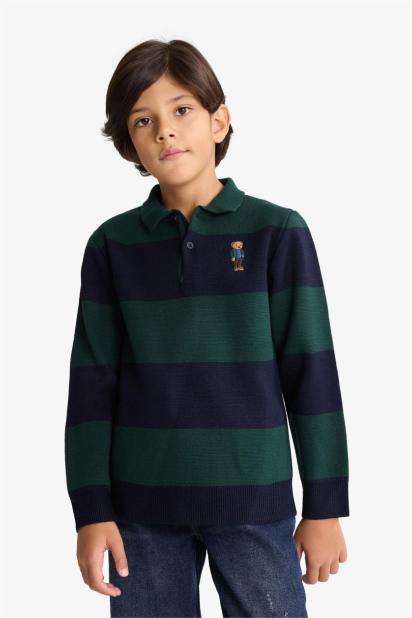 Erkek Çocuk - Genç Erkek Lacivert Polo Yaka Renk Bloklu Triko Kazak Erkek Çocuk