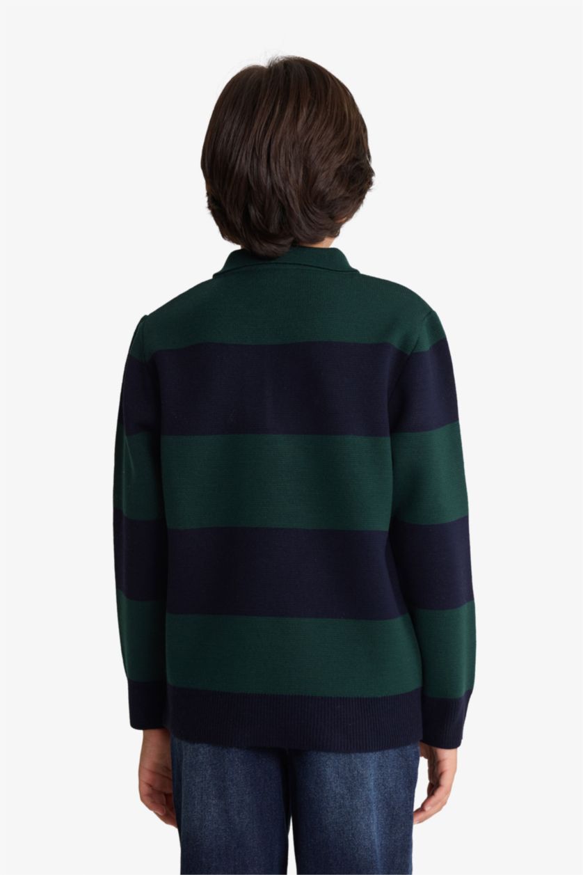 Erkek Çocuk - Genç Erkek Lacivert Polo Yaka Renk Bloklu Triko Kazak Erkek Çocuk