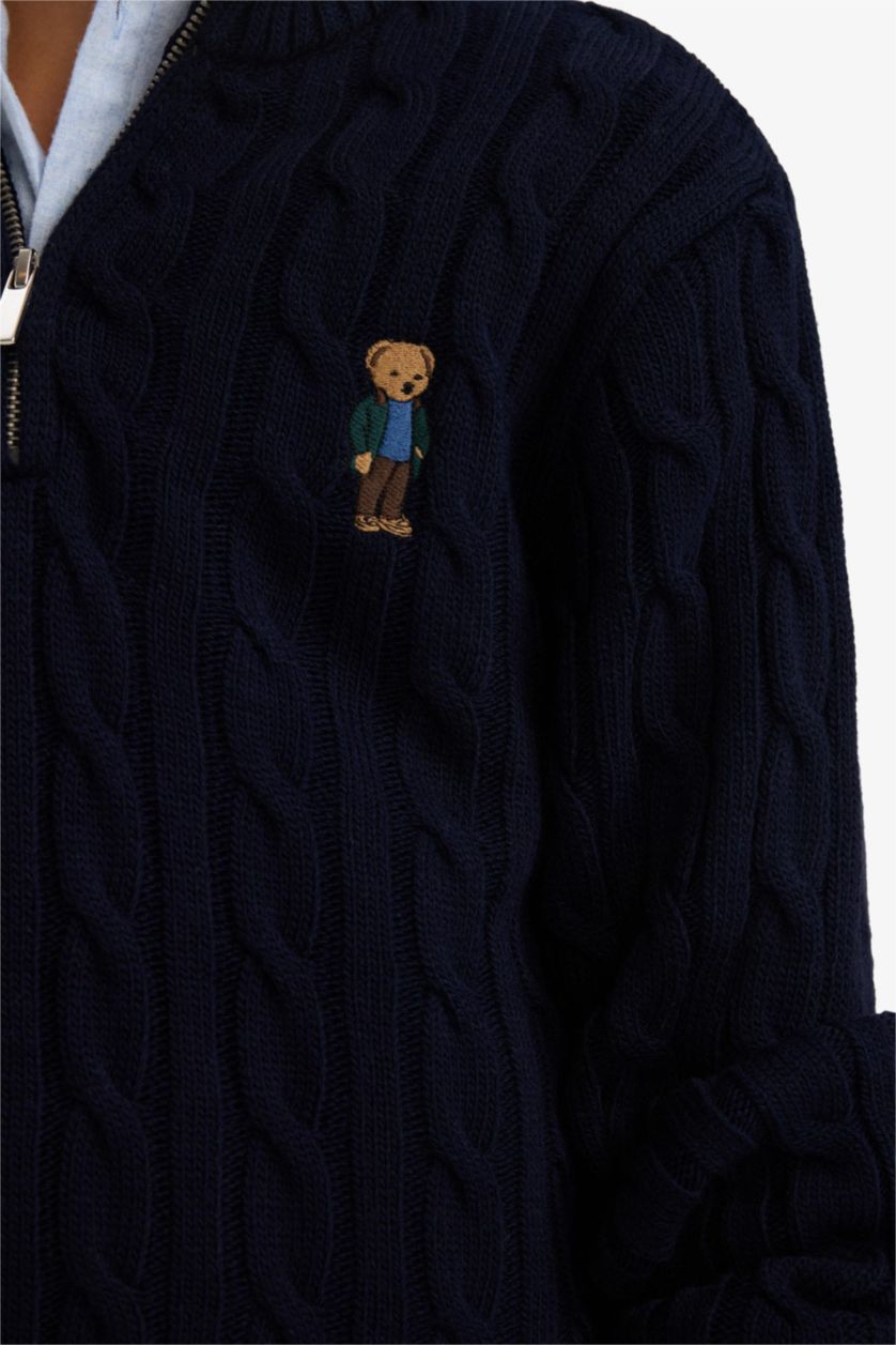 Boys & Teens NAVY Boy Half Zippered Bear Printed Knit Pullover