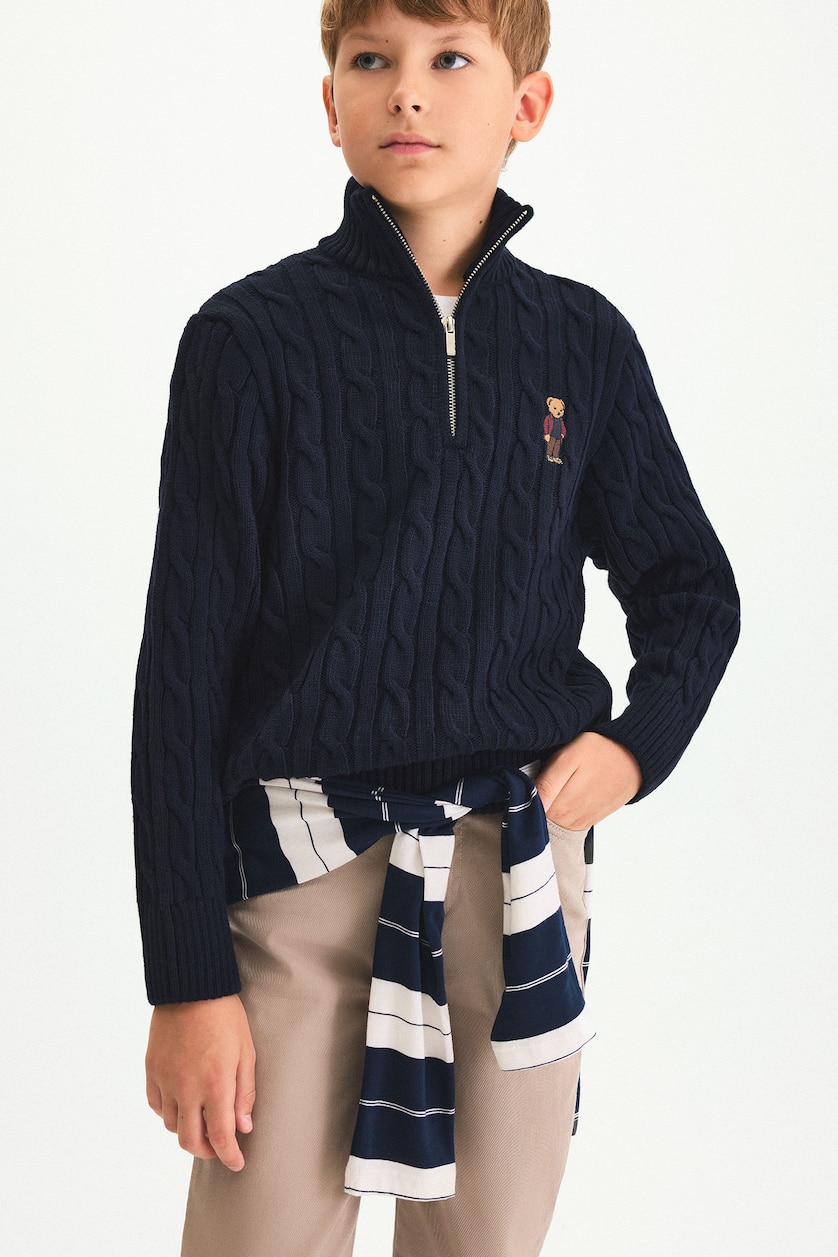 Boys & Teens NAVY Boy Half-Zip Knit Bear Print Pullover