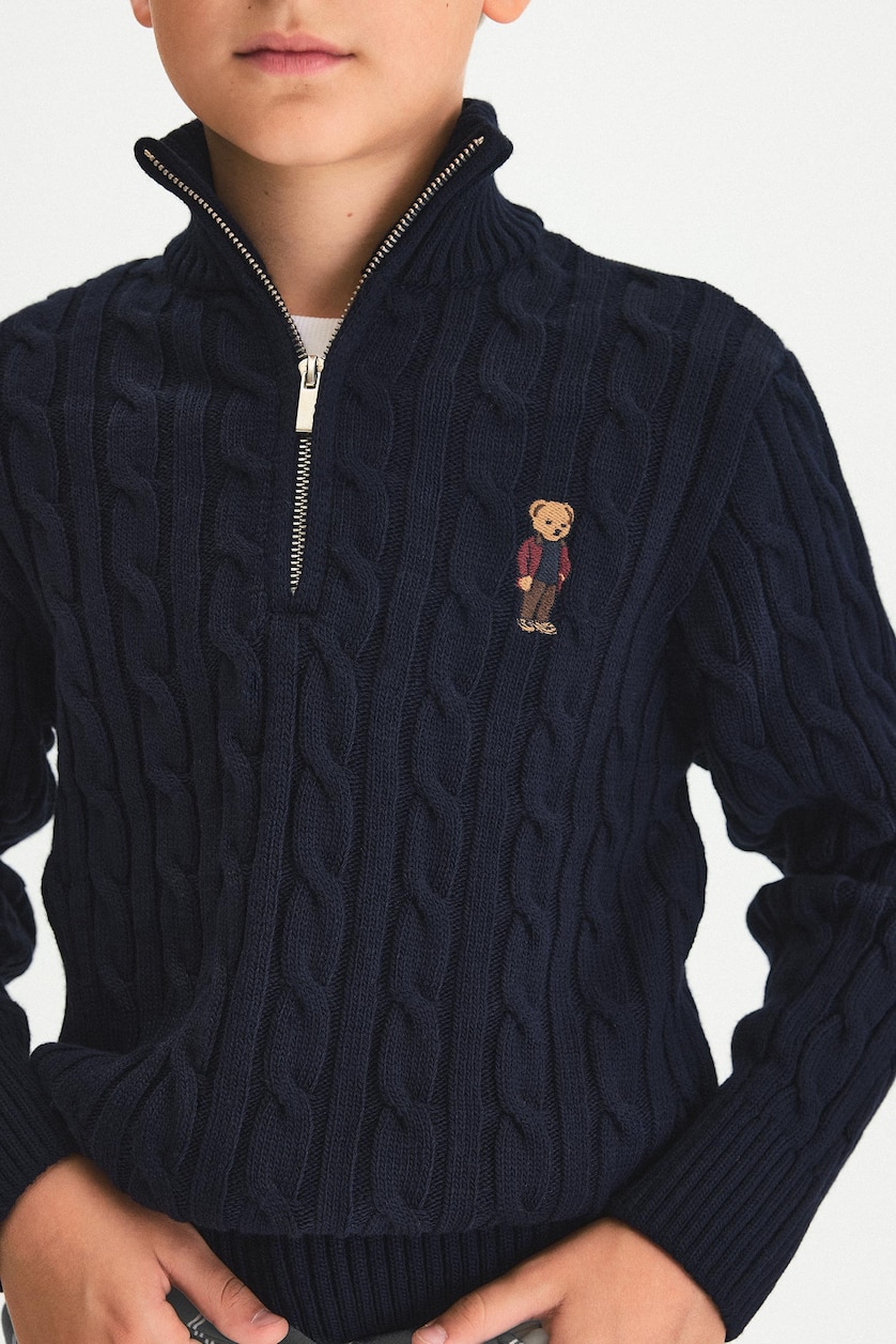 Boys & Teens NAVY Boy Half-Zip Knit Bear Print Pullover