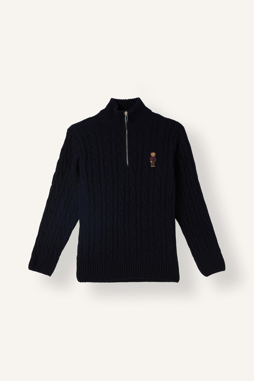 BOYS & TEENS NAVY بلوفر تريكو اولادي قصة عادية بياقة نص سوسته