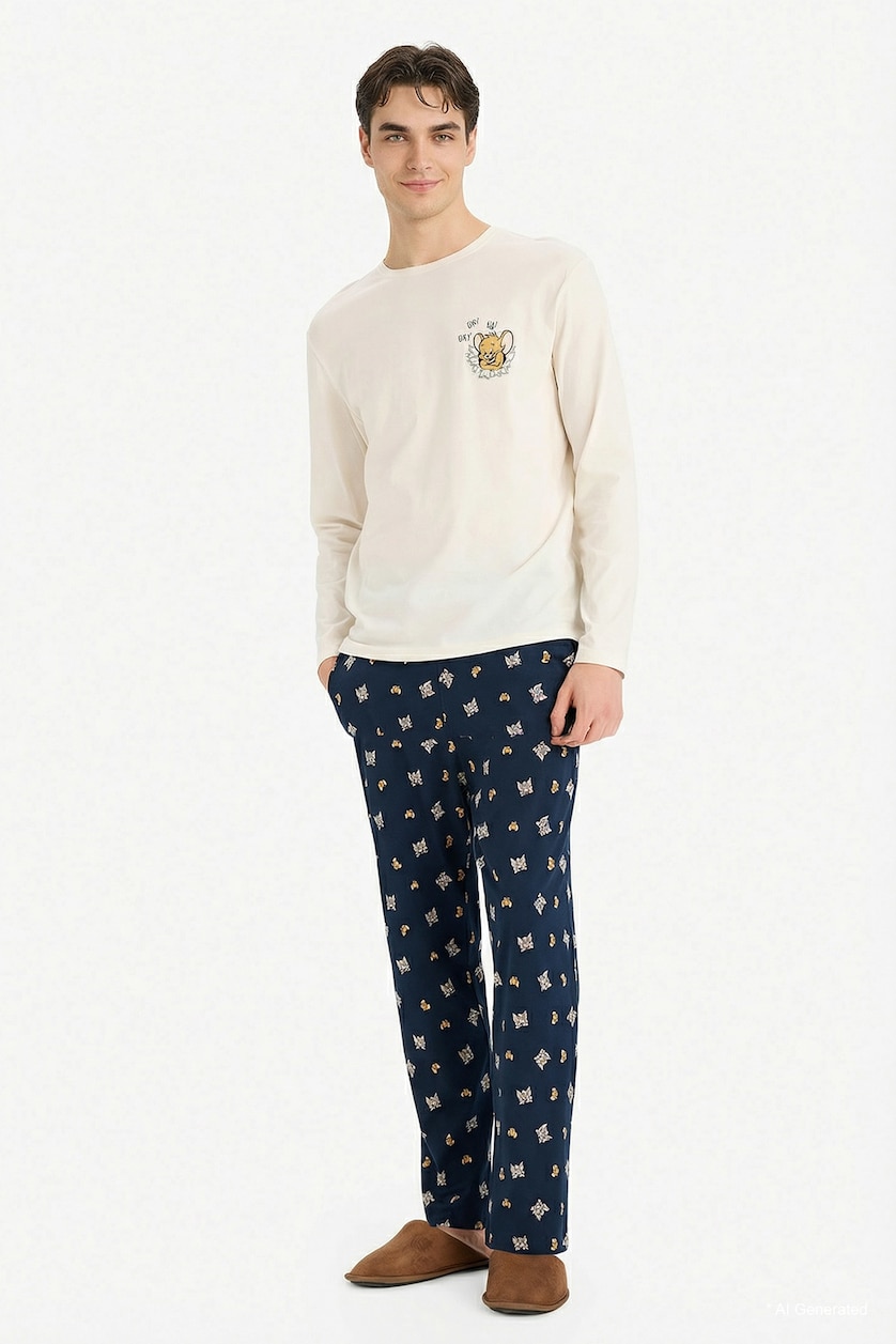 Erkek Lacivert %100 Pamuk Tom & Jerry Pijama Takımı 