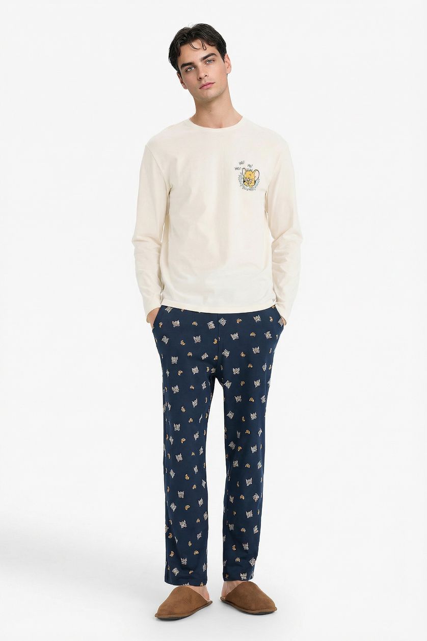 Erkek Lacivert %100 Pamuk Tom & Jerry Pijama Takımı Regular Fit Uzun Kollu Üst Uzun Alt