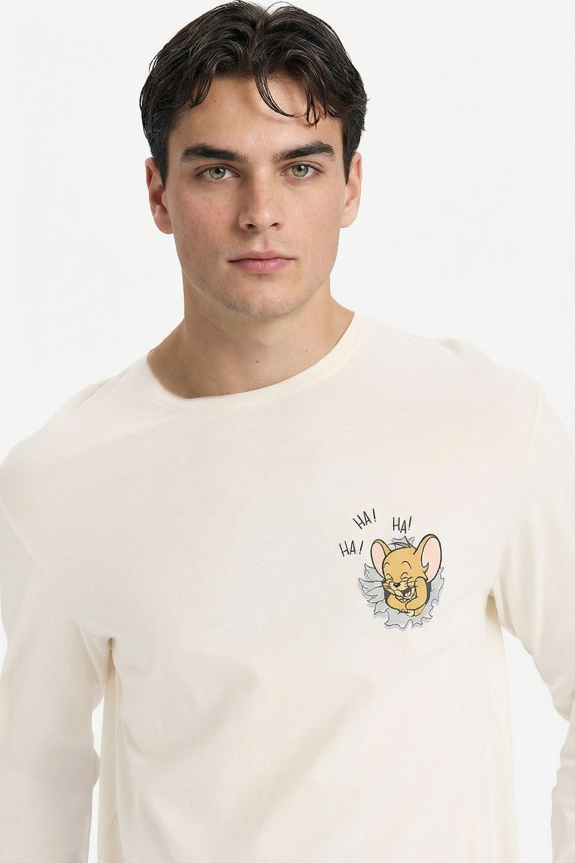 Erkek Lacivert %100 Pamuk Tom & Jerry Pijama Takımı Regular Fit Uzun Kollu Üst Uzun Alt