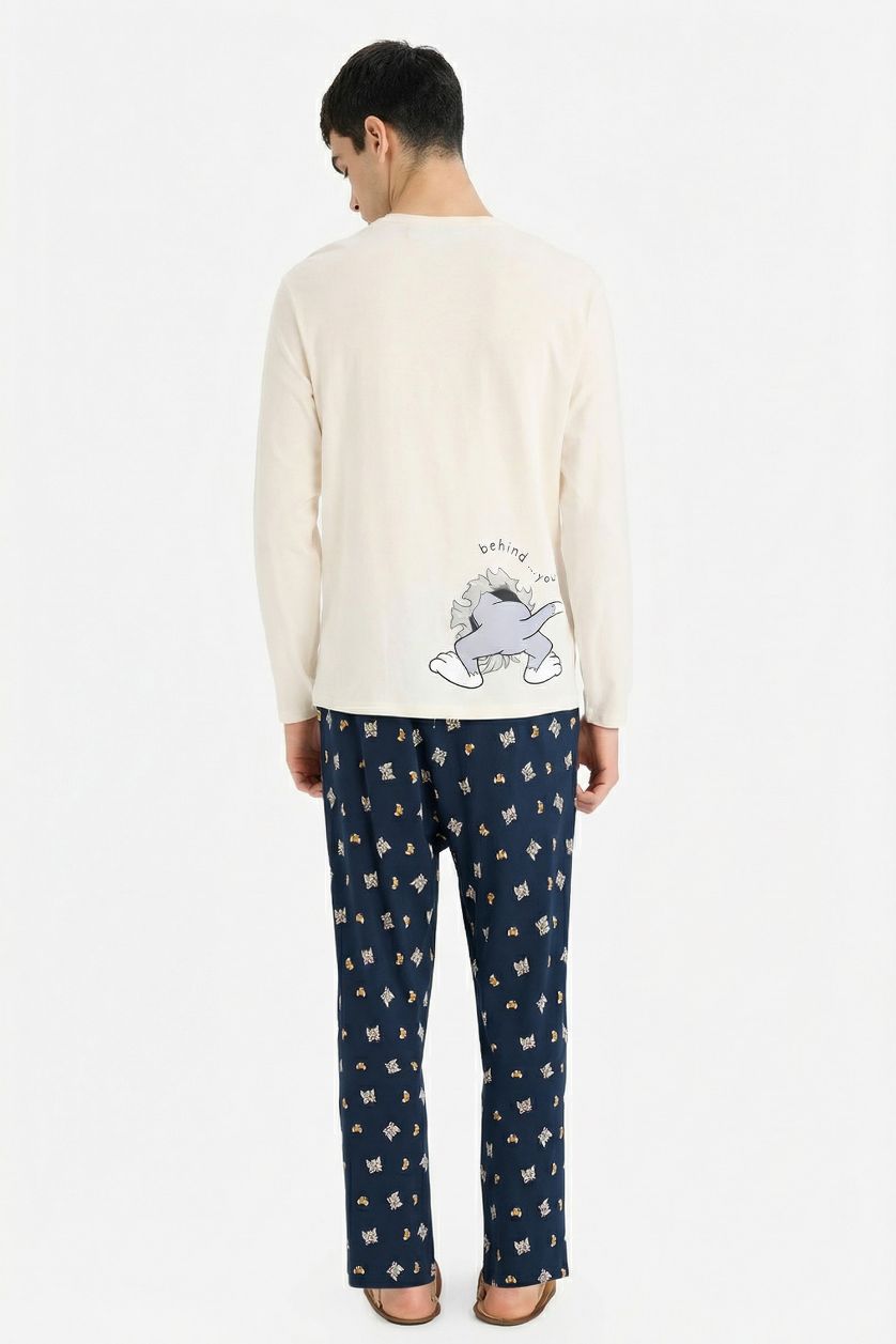 Erkek Lacivert %100 Pamuk Tom & Jerry Pijama Takımı Regular Fit Uzun Kollu Üst Uzun Alt
