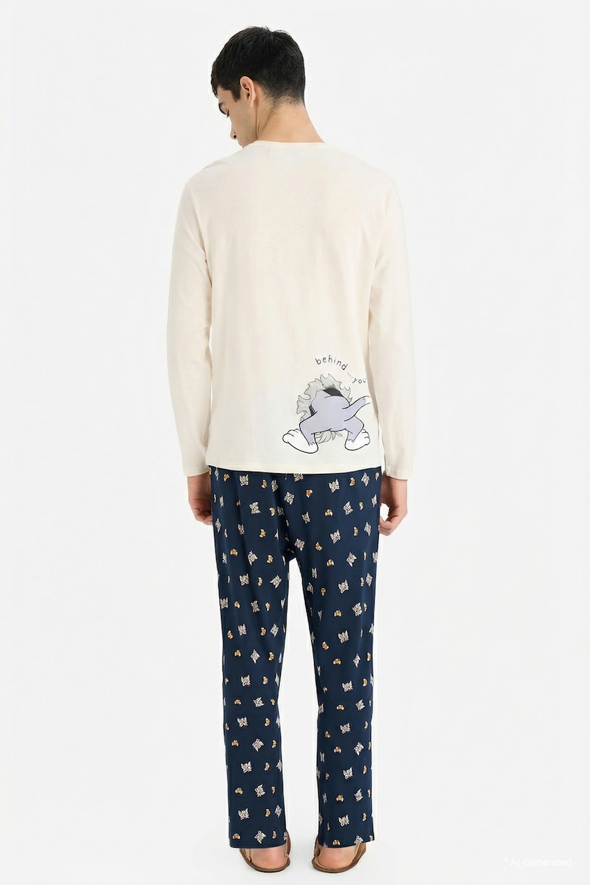 Erkek Lacivert %100 Pamuk Tom & Jerry Pijama Takımı 