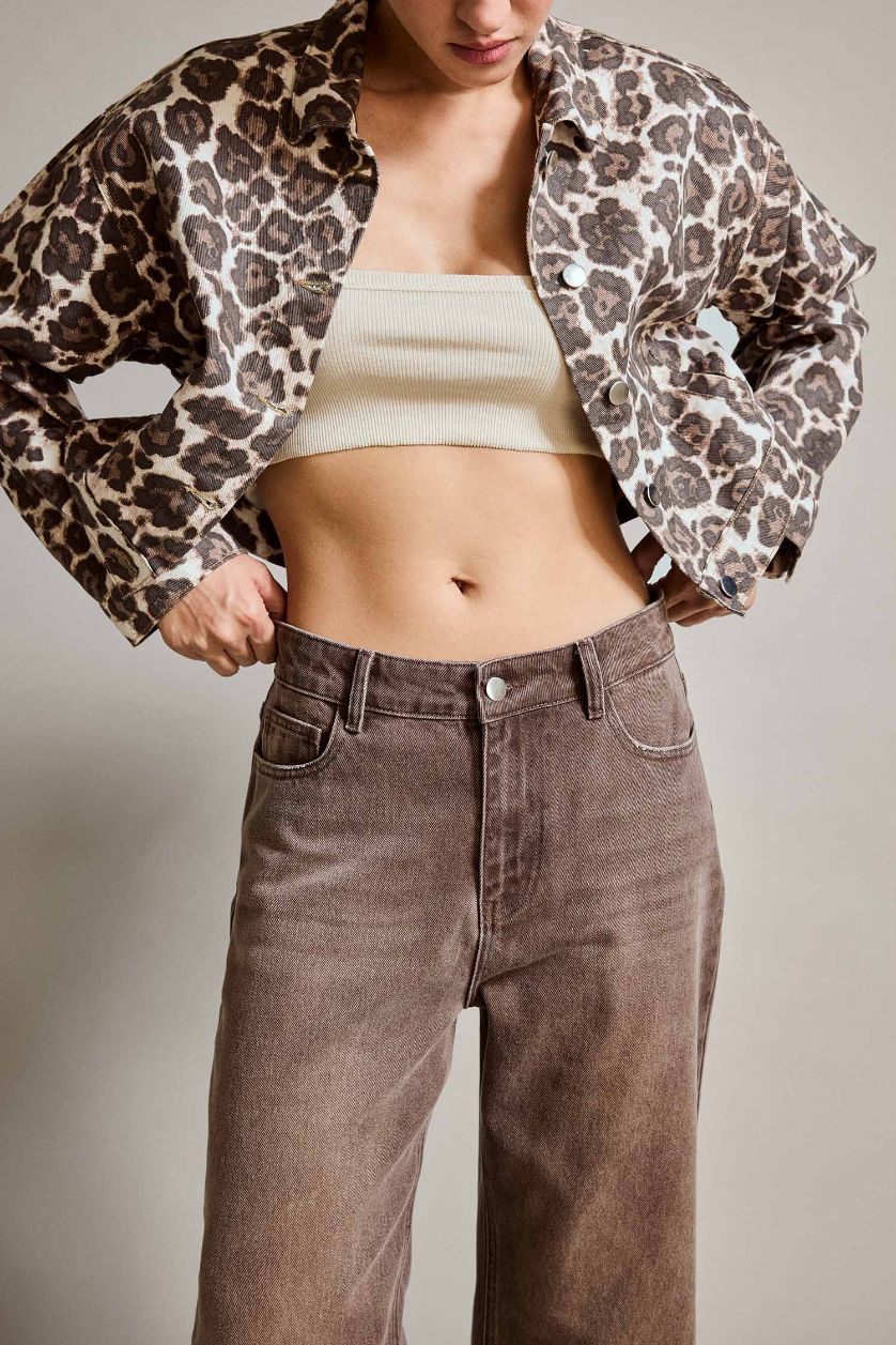 Kadın Kahve Leopar Desenli Düğmeli Denim Ceket