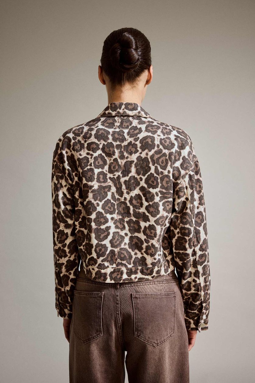 Kadın Kahve Leopar Desenli Düğmeli Denim Ceket