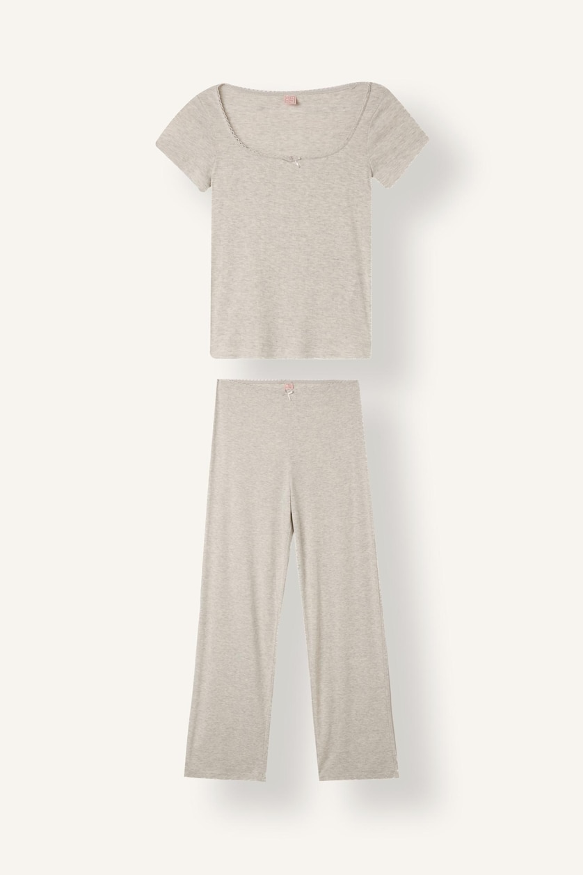 Women Grey Melange Regular Fit Heather Grey Short Sleeve T-Shirt and Pants Pyjama Set