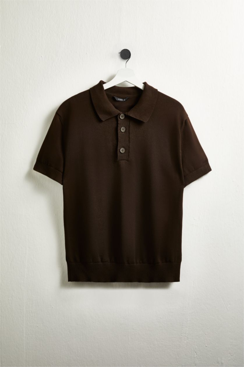 Erkek Kahve Standart Fıt Triko Polo Tişört