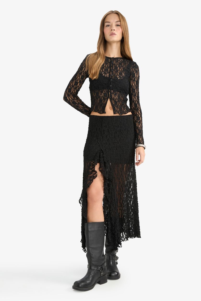 Kadın Siyah Fıtted Bisiklet Yaka Dantel Hırka