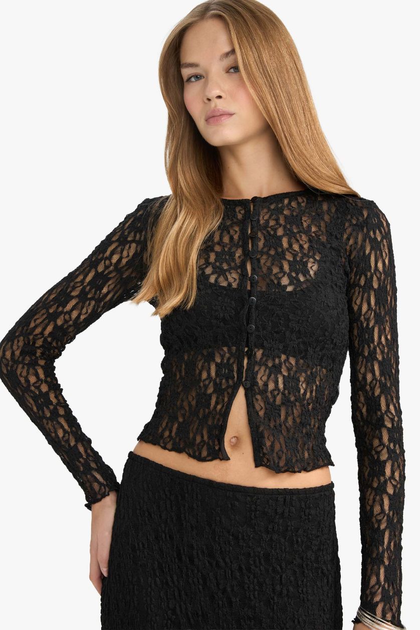 Kadın Siyah Fıtted Bisiklet Yaka Dantel Hırka