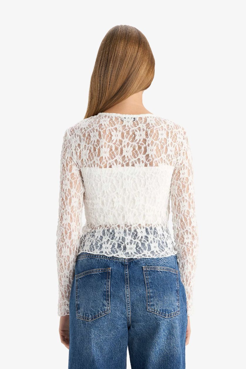 نساء بيج فاتح جاكيت بالدانتيل مخصر بياقة مستديرة