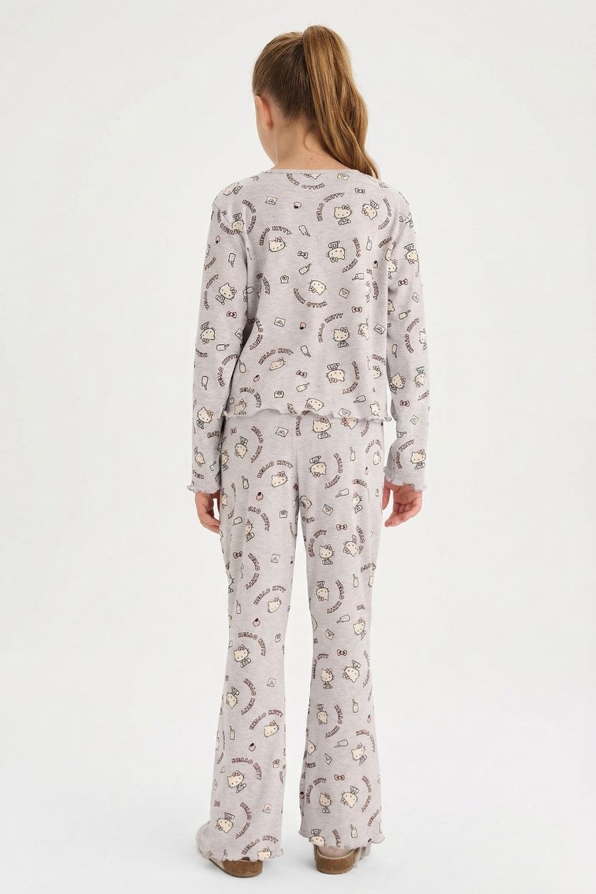 بناتي ميلانج رمادي فاتح طقم بيجاما بناتي مضلع وايد ليج من هيلو كيتي - قطعتين