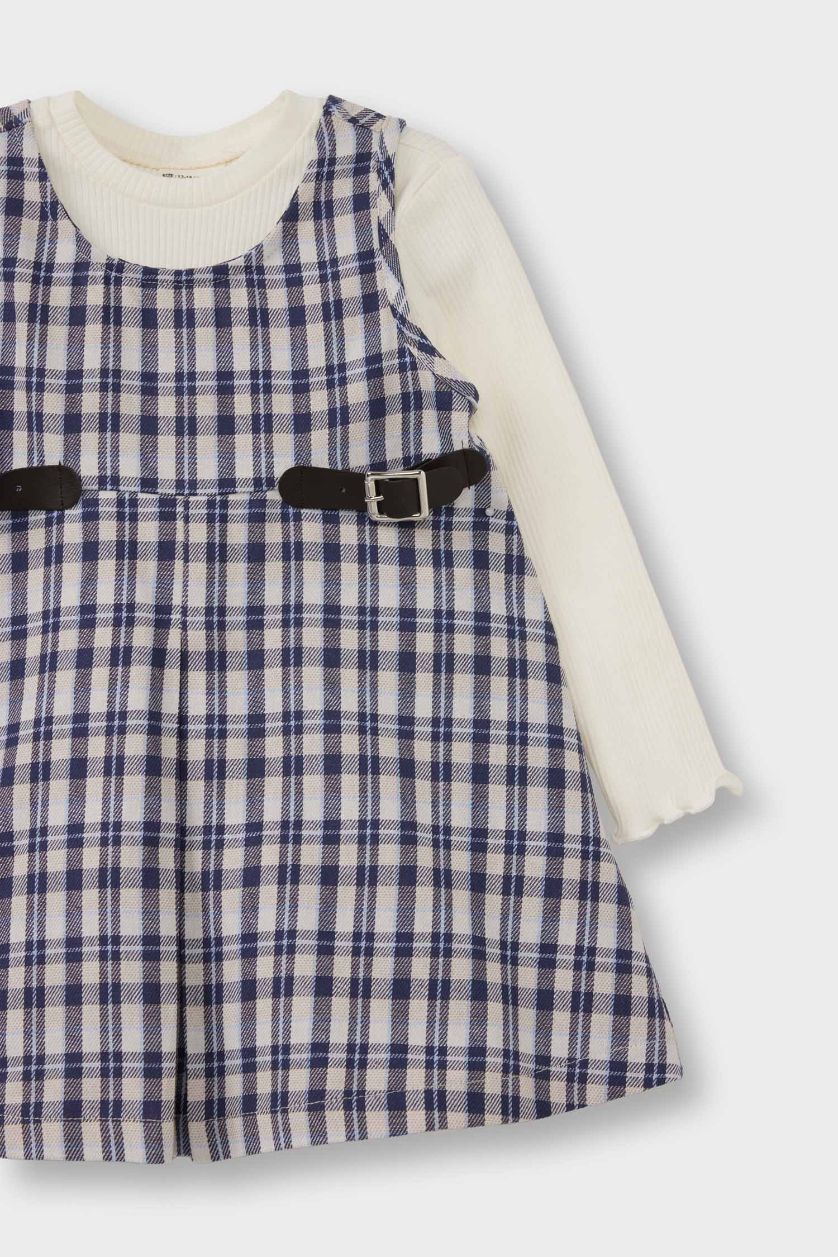 طفلة صغيرة كحلي سيت بناتي فستان كاروهات وتيشيرت - قطعتين