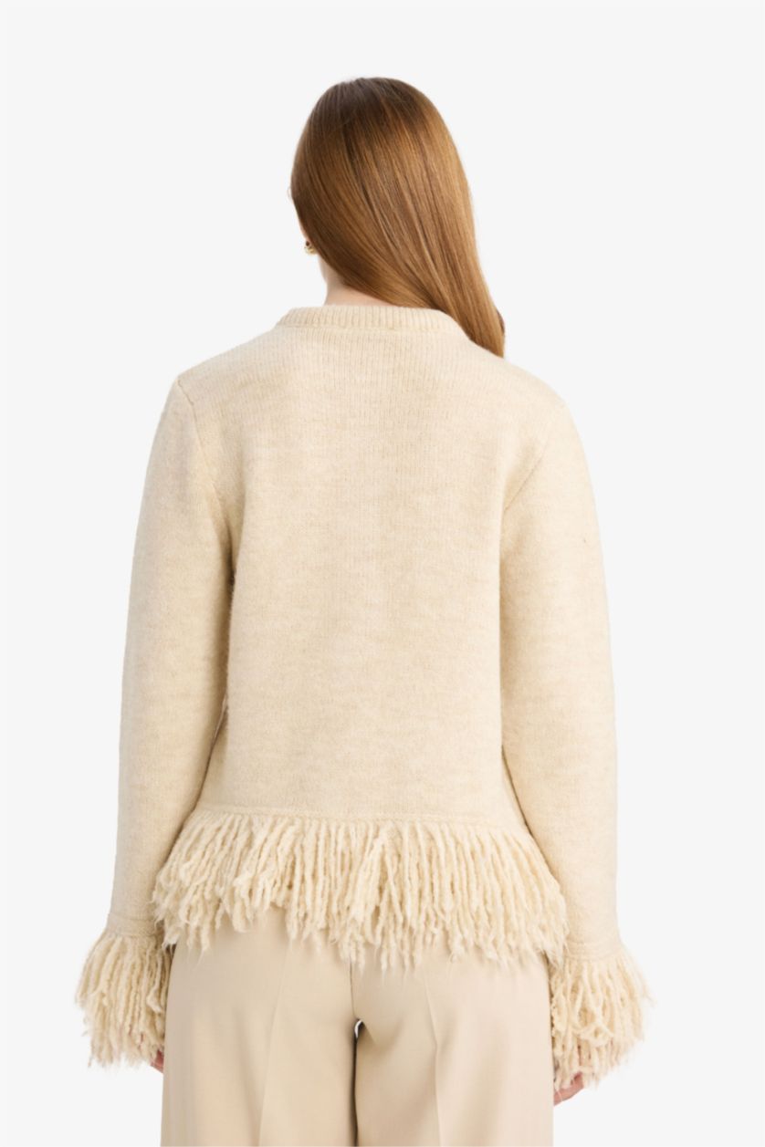 حريمي بيج فاتح كارديجان تريكو مكشكش قصة عادية بياقة مستديرة